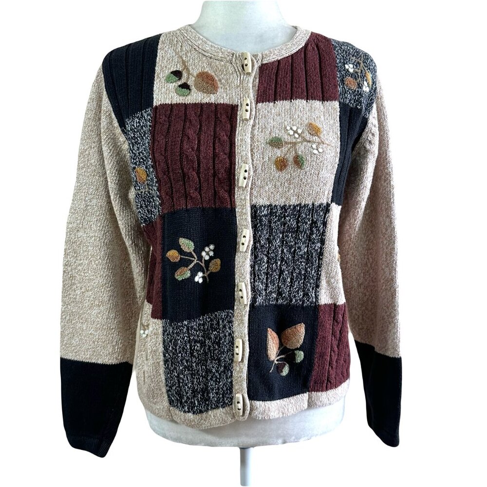 Cabin Creek Vtg 90 Cozy Knit Brown Embr. Cardigan Sweater